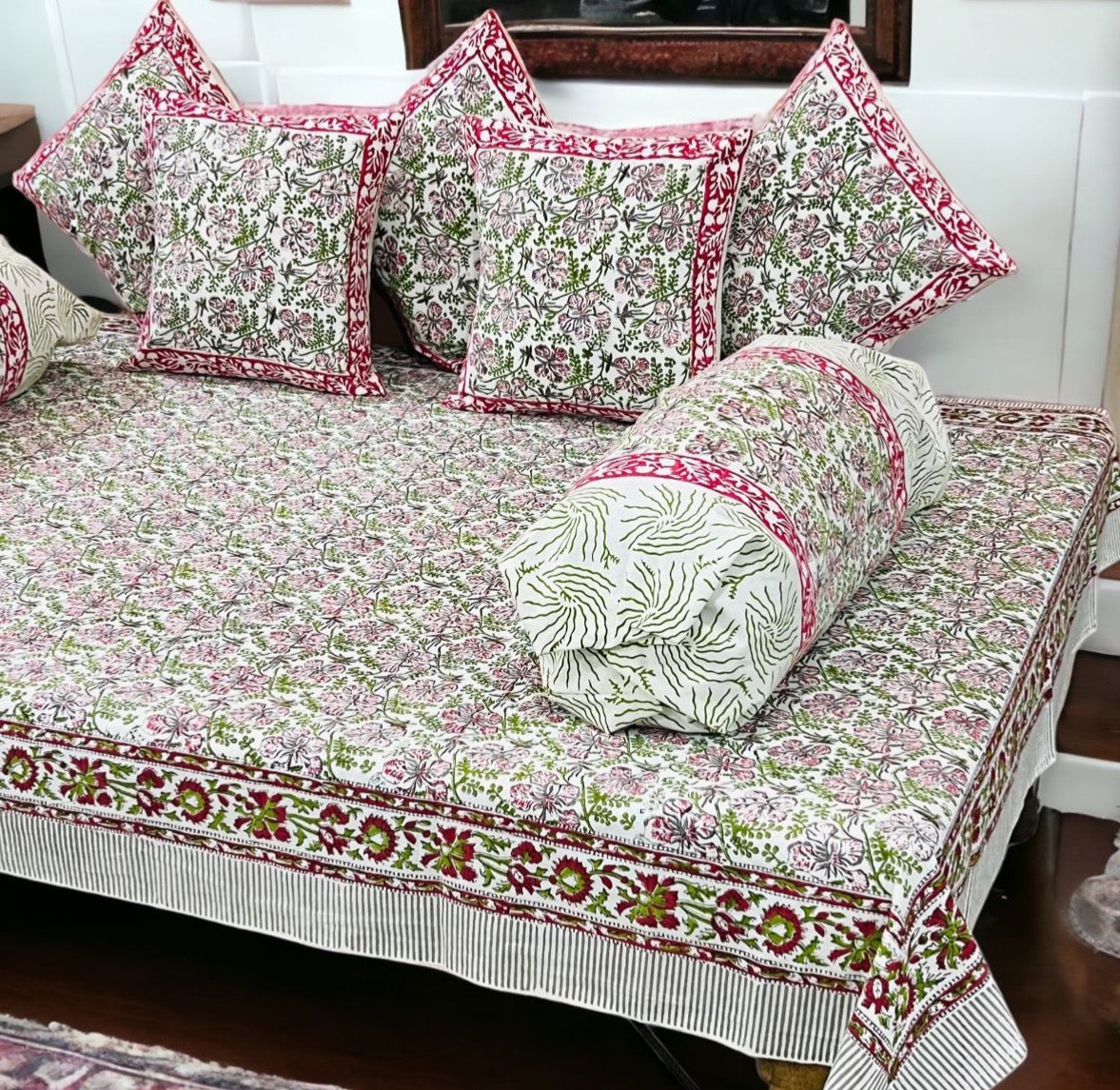 Pure cotton hand block printed 8 piece traditional diwan set (70x100 inches)