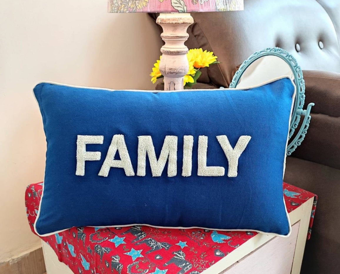 “FAMILY” hand embroidered velvet rectangular cushion cover (30x50 cms)