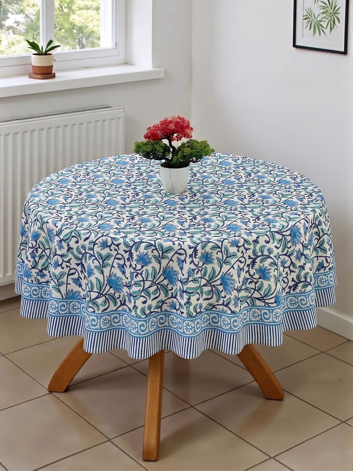 Pure cotton hand-block printed table cover for 4 seater dining table / centre table (60 inches diameter)