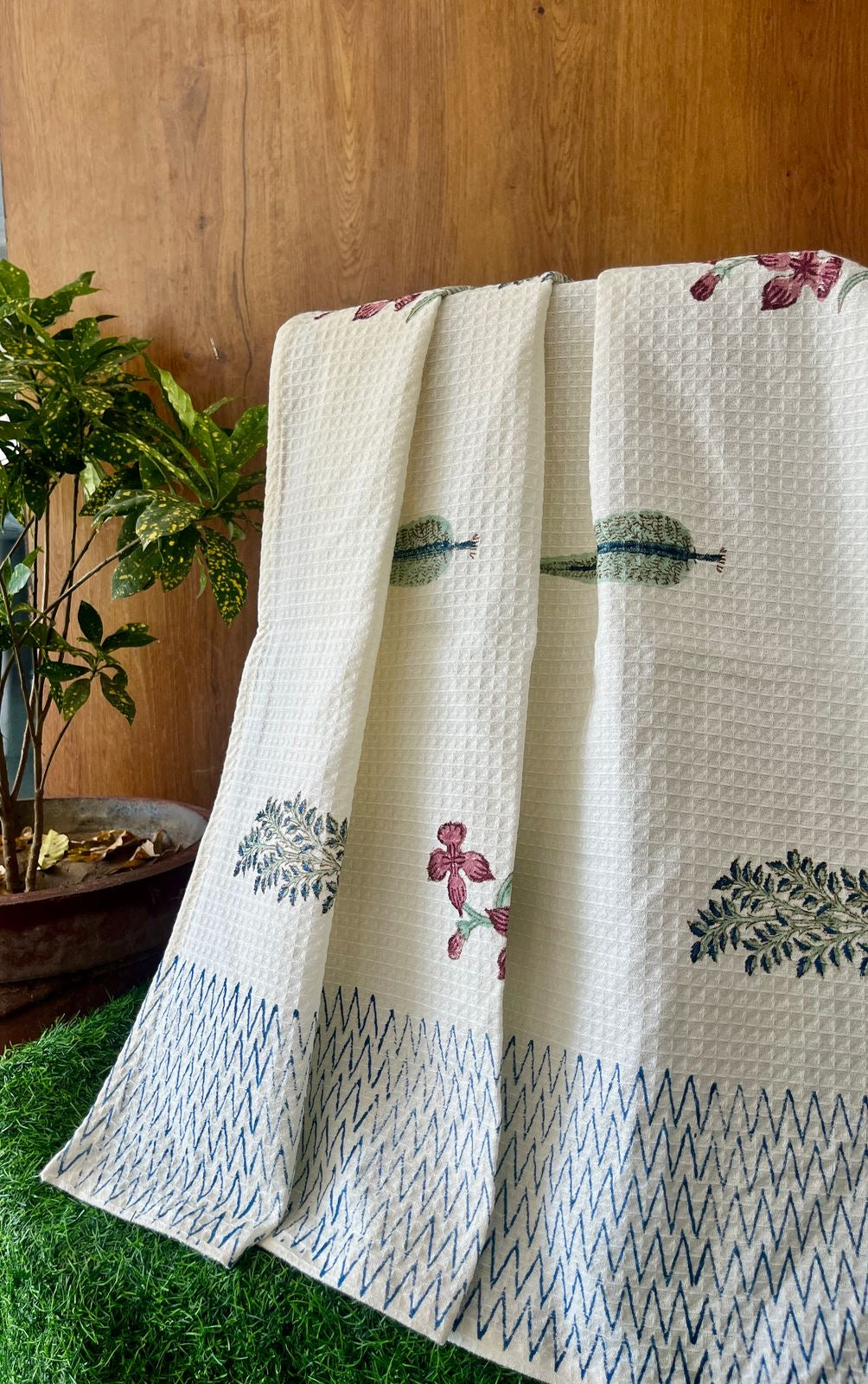 Pure cotton, hand-block printed waffle textured luxury bath towel