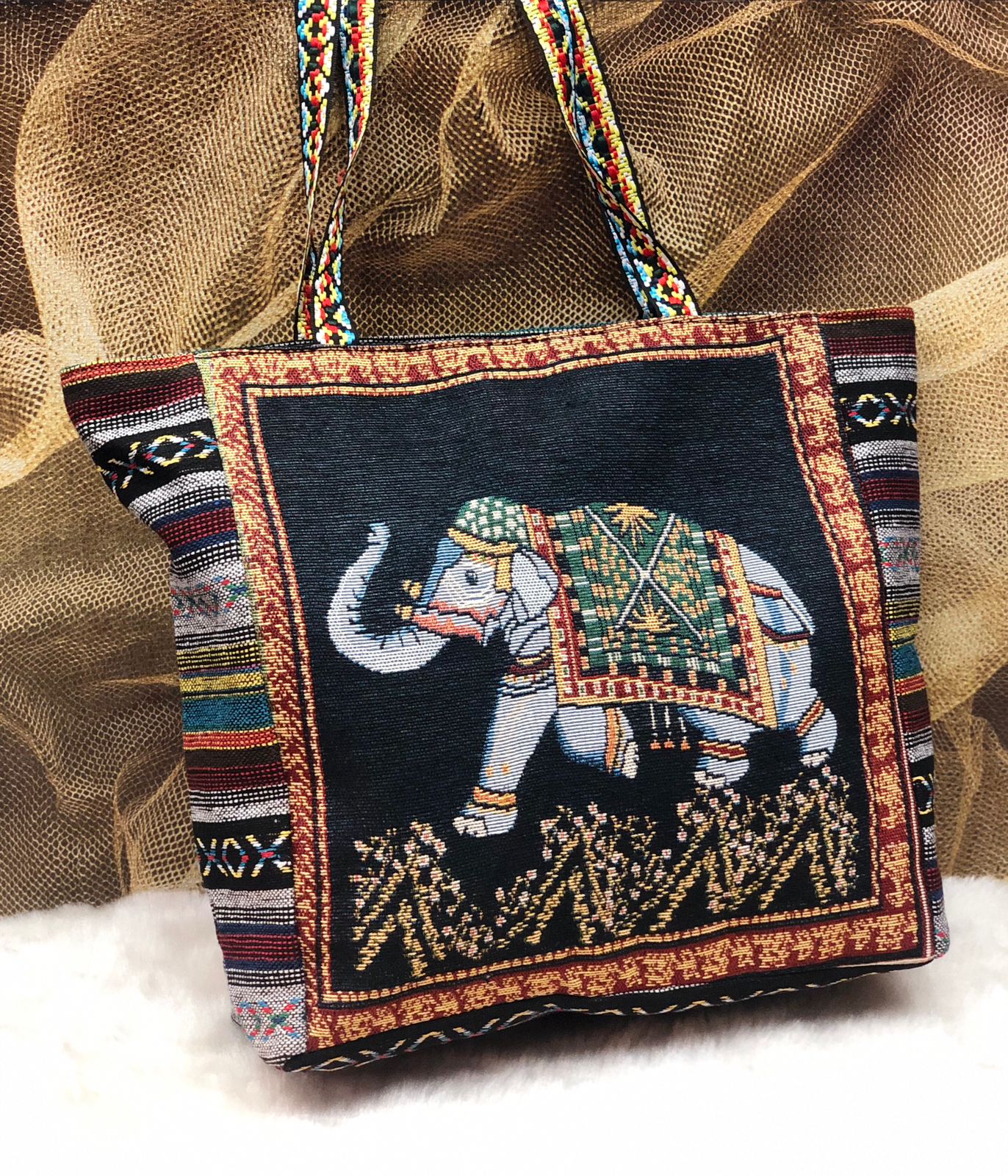 Jute cotton printed elephant tote bag (16x16 inches)