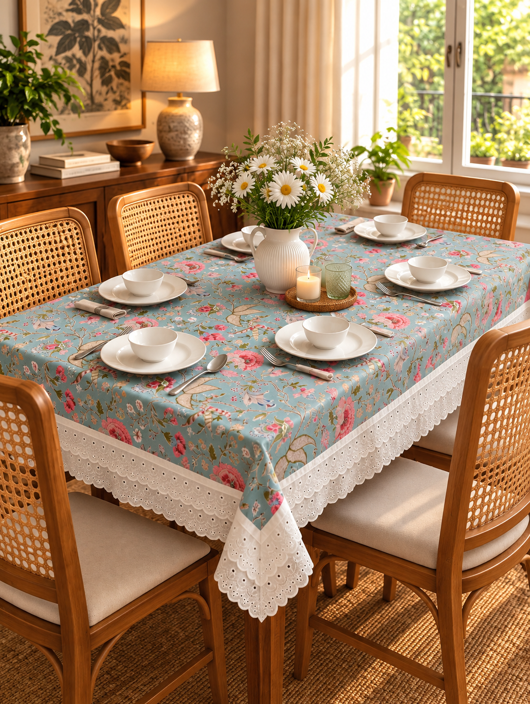 Pure cotton laced table covers for 4, 6 and 8 seater dining tables