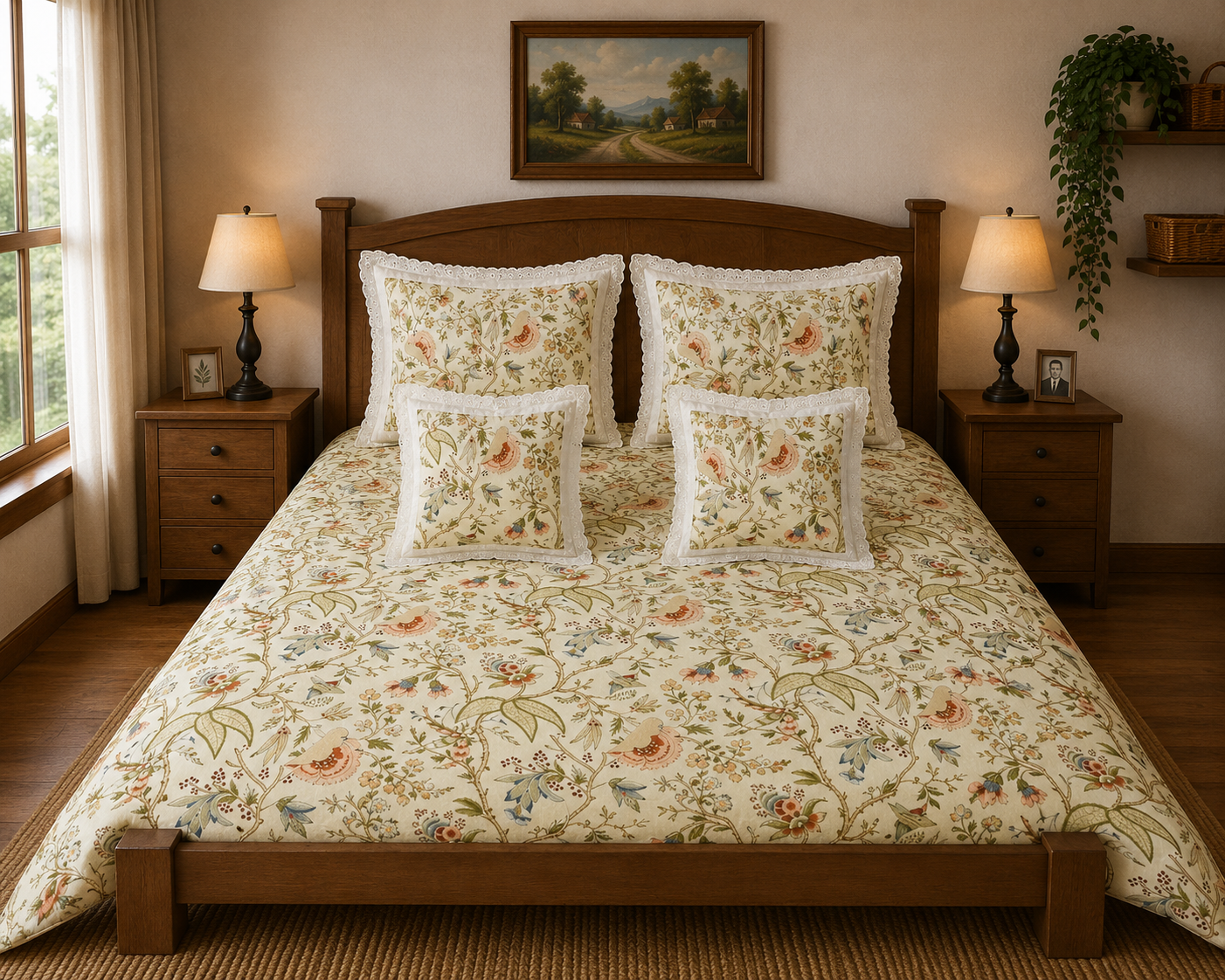 Pure cotton 5 piece bedding sets with 2 laced pillow covers and 2 laced cushion cover (108x108 inches)