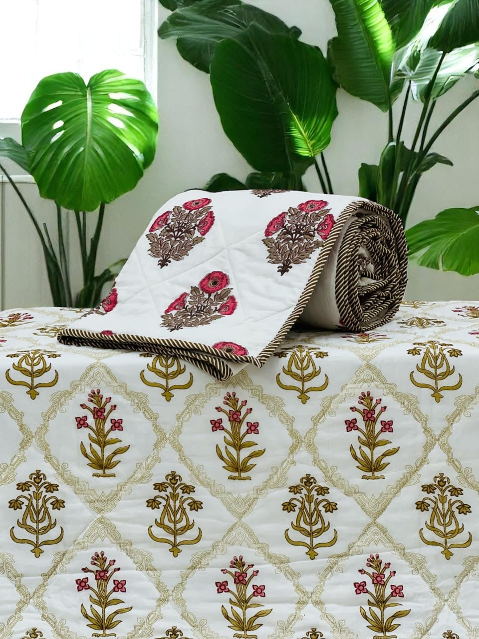 Pure mulmul cotton handblock printed single reversible quilt (razai 60x90 inches)