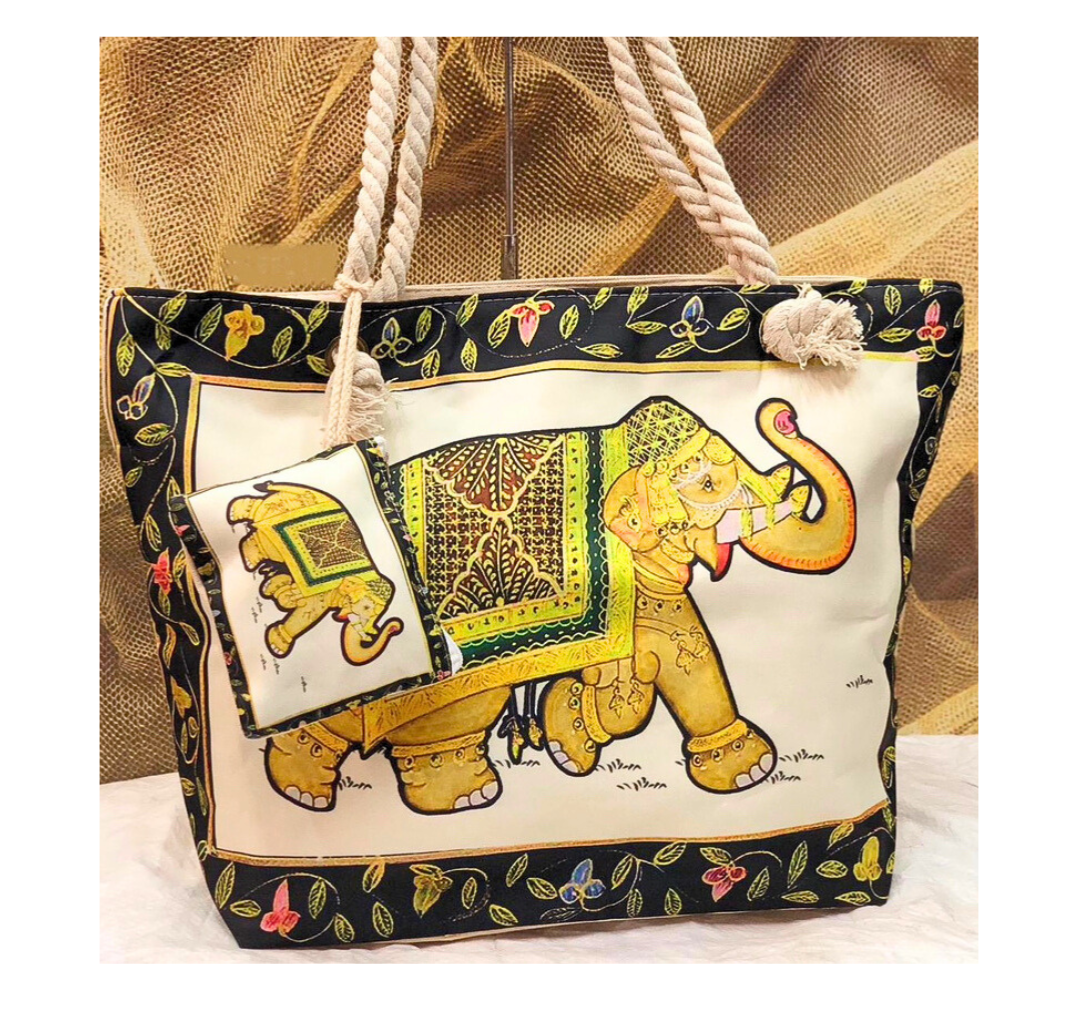 Jute cotton printed elephant tote bag (16x16 inches)