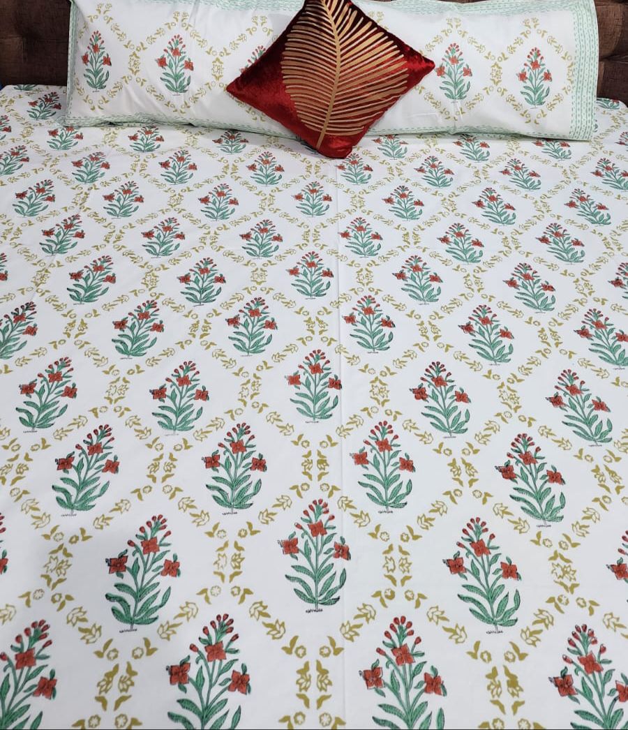 Wooden Handblock printed king size bedsheet with two flapped pillow covers (100x108 inches)