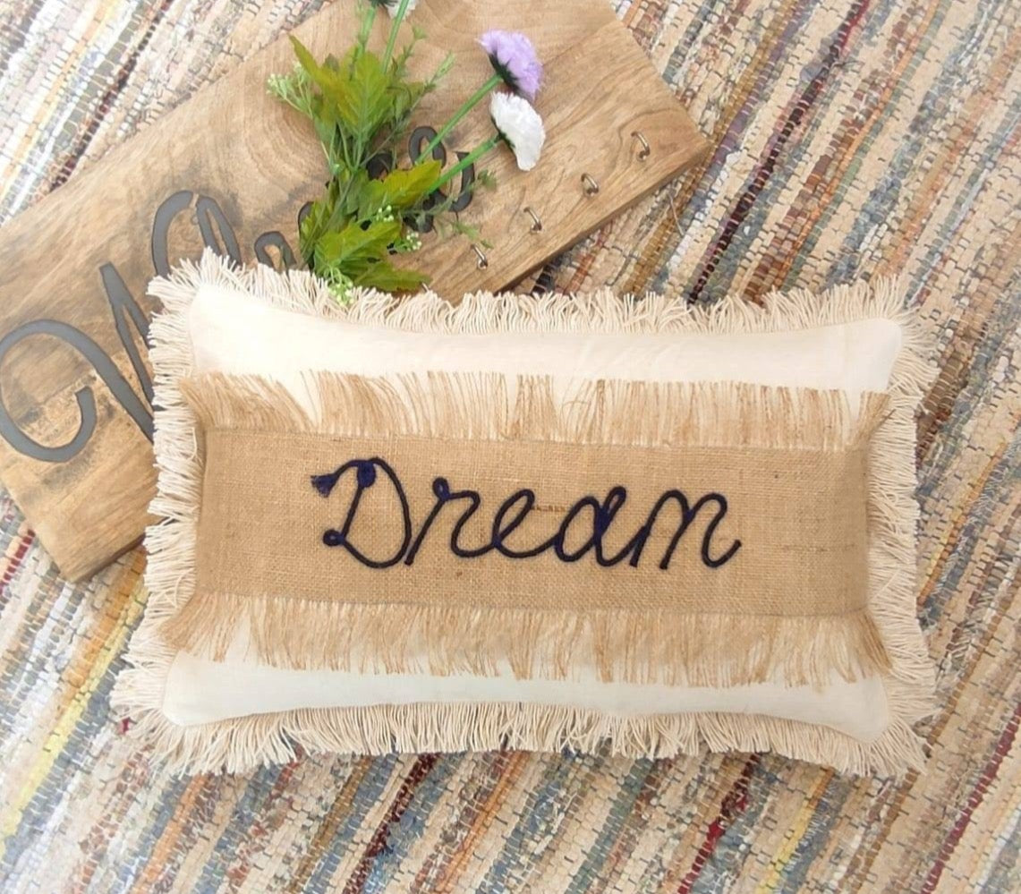 “DREAM” hand embroidered dori work hand made rectangular cushion cover (30x50 cms)