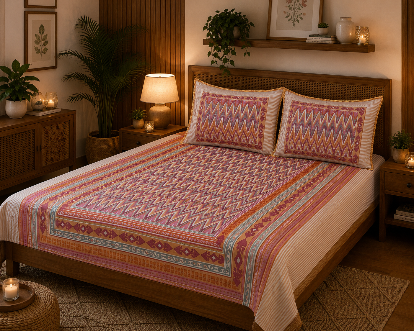 Pure cotton king size bedsheets with 2 quilted pillow covers (100x108 inches)