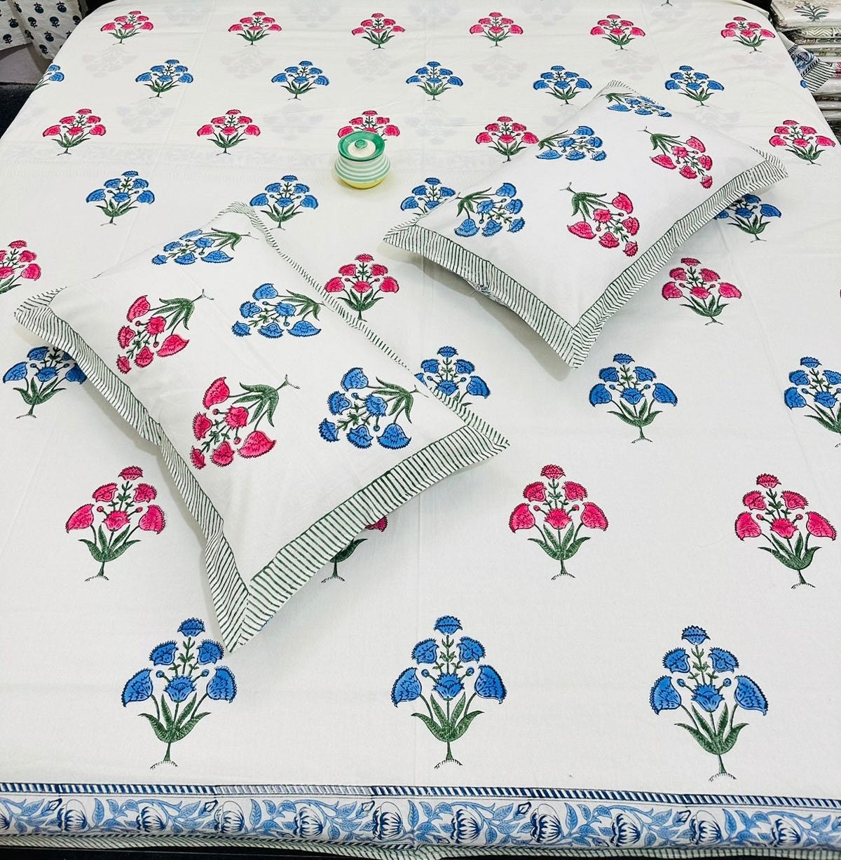 Wooden Handblock printed king size bedsheet with two flapped pillow covers (100x108 inches)