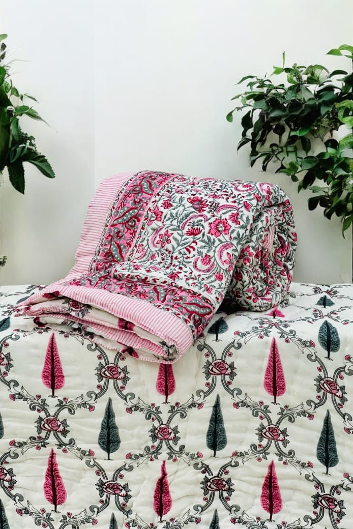 Pure mulmul cotton handblock printed single reversible quilt (razai 60x90 inches)