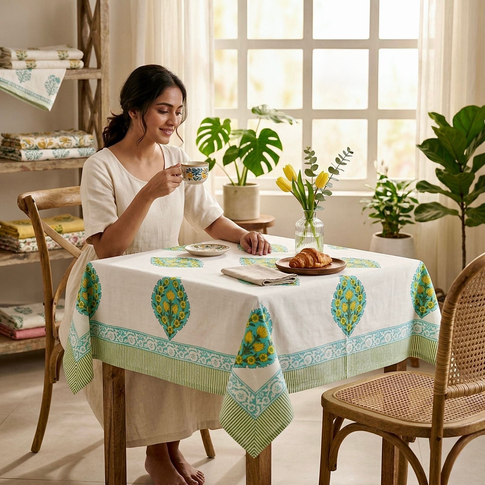 Pure cotton hand-block printed 2 seater square table cover (45x45 inches)