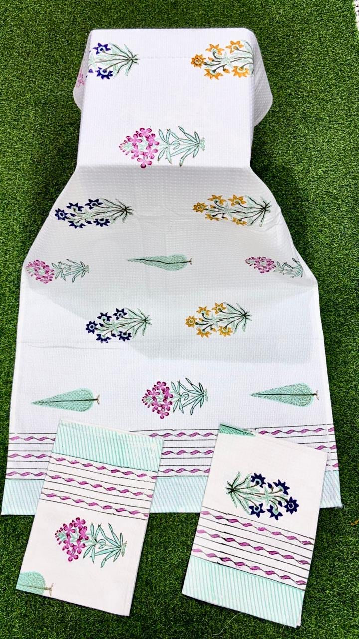 Pure cotton waffled textured hand-block printed bath combos (1 bath and 2 hand towels)
