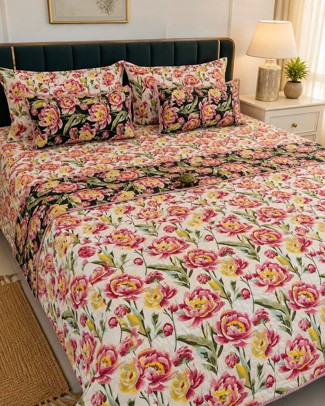 Pure cotton paani jaal quilted printed double bedcovers (90x108 inches)