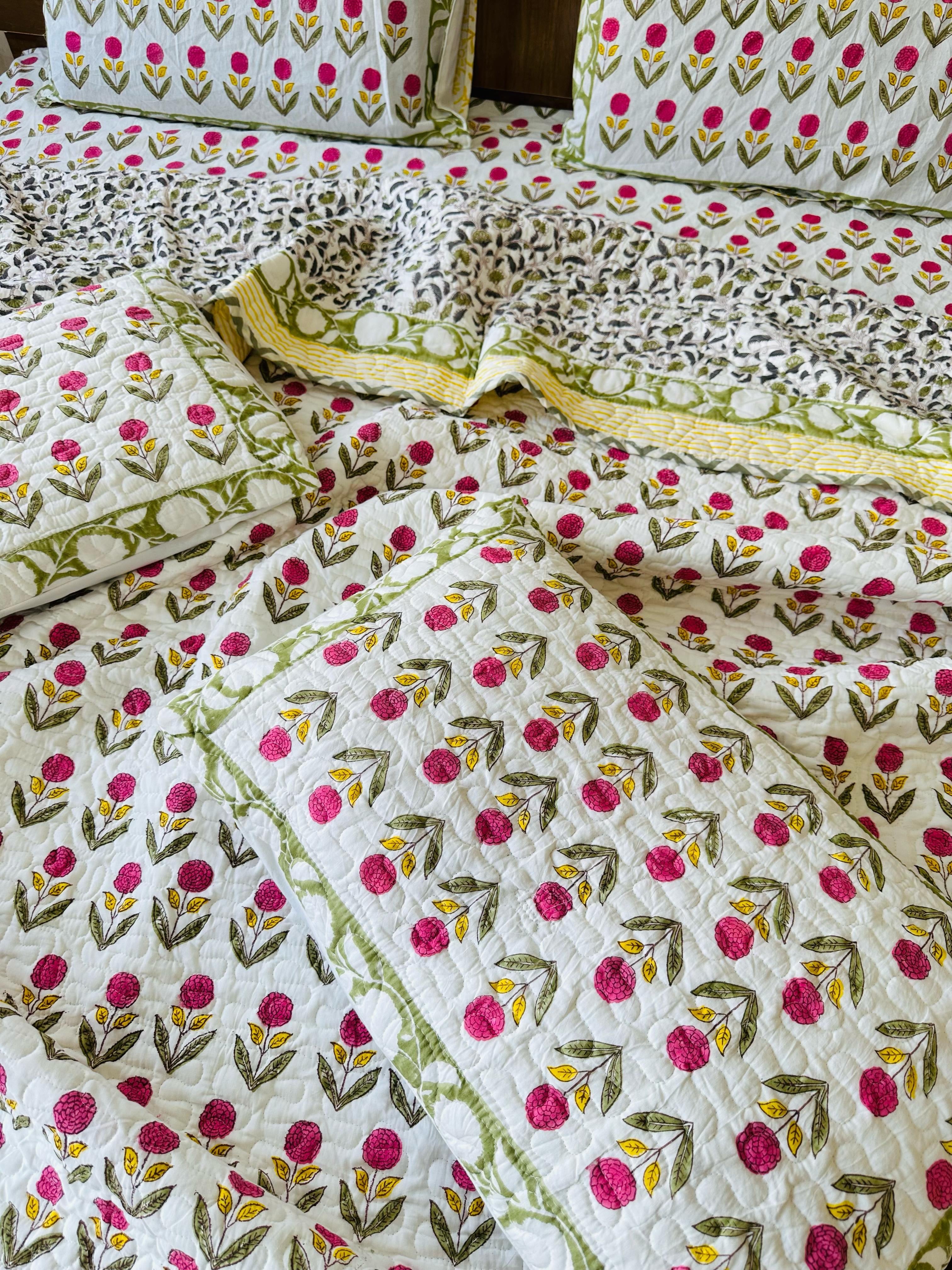 Pure cotton handblock printed king size 6 piece bedding set