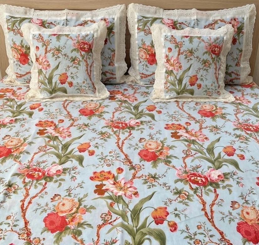 Pure cotton 5 piece bedding sets with 2 laced pillow covers and 2 laced cushion cover (108x108 inches)