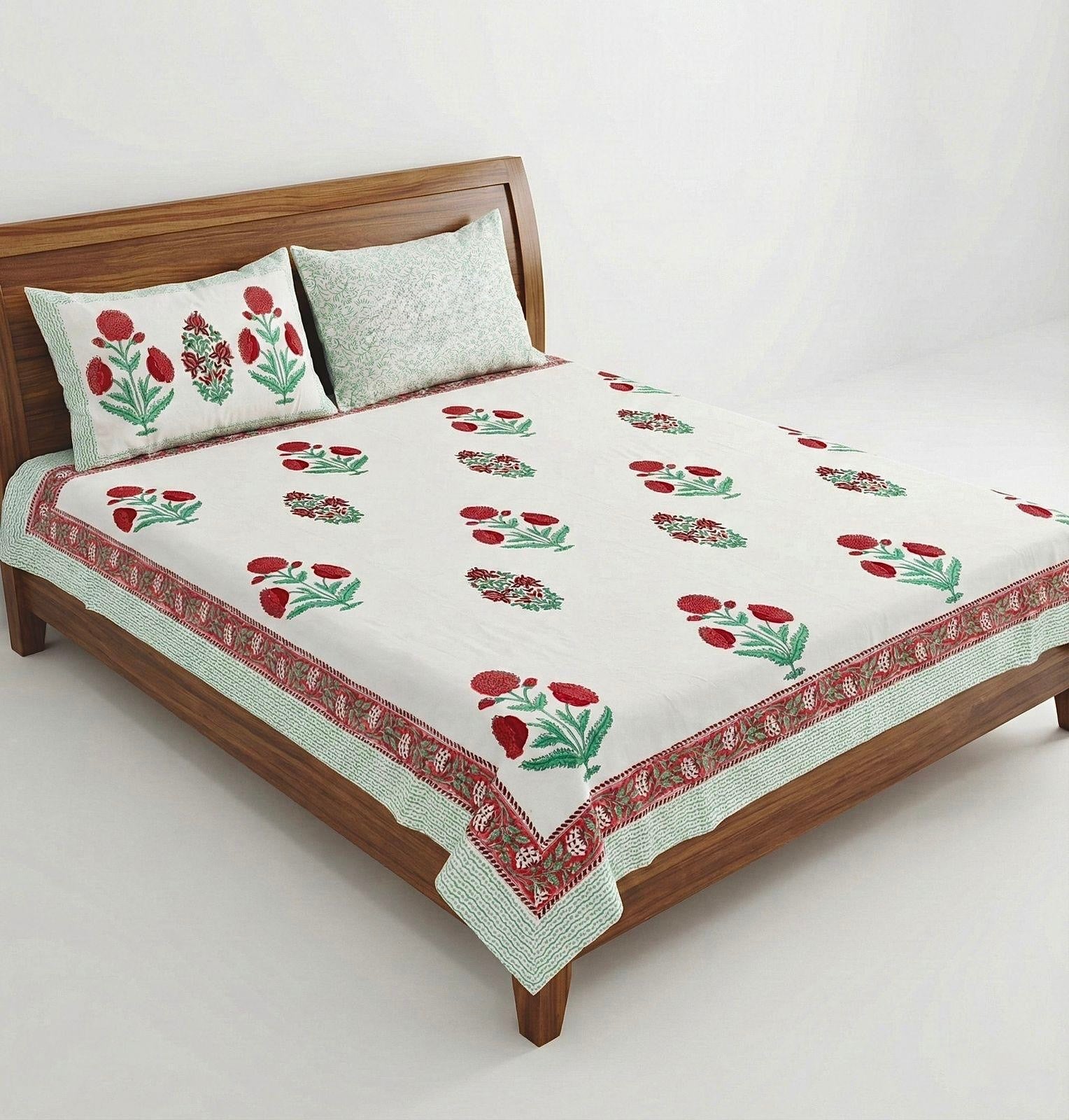 Pure cotton hand-block printed super king size double bedsheets with 2 pillow covers (108x108 inches)