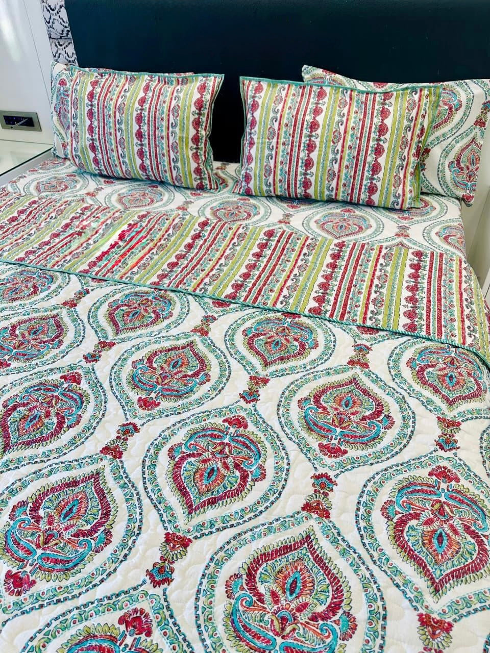 Pure cotton paani jaal quilted printed double bedcovers (90x108 inches)