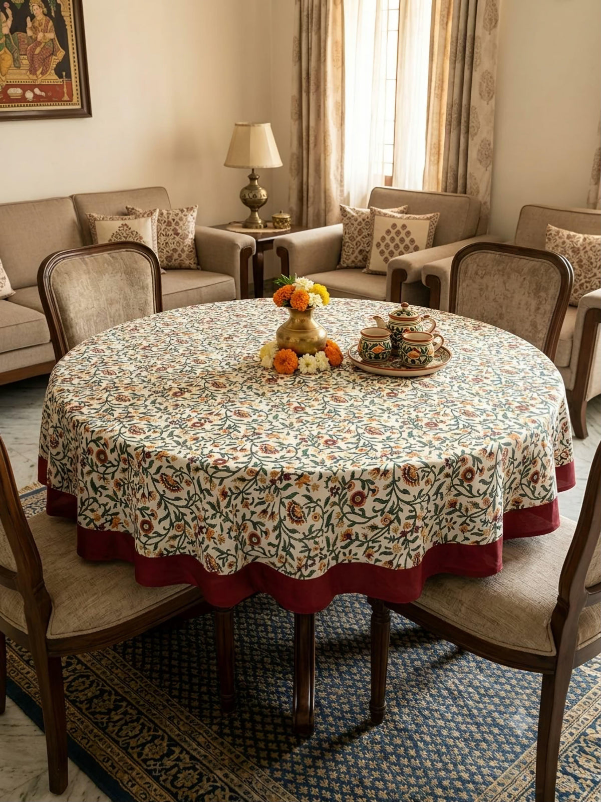 Pure cotton hand-block printed table cover for 4 seater dining table / centre table (60 inches diameter)