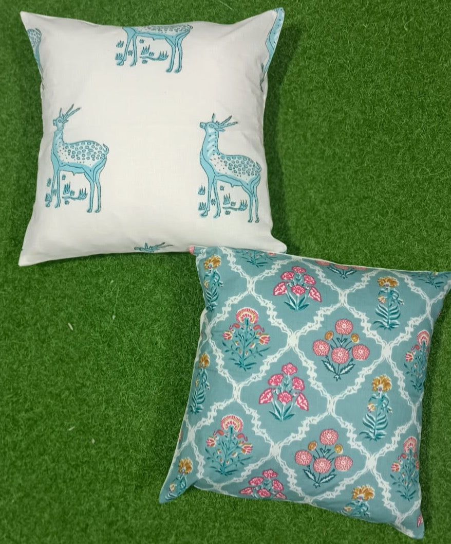 Pure cotton handblock printed set of 2 assorted cushion covers (16x16 inches)