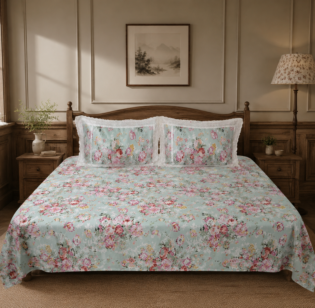 Pure cotton super king size bedsheets with 2 laced pillow covers (108x108 inches/9x9 feet)