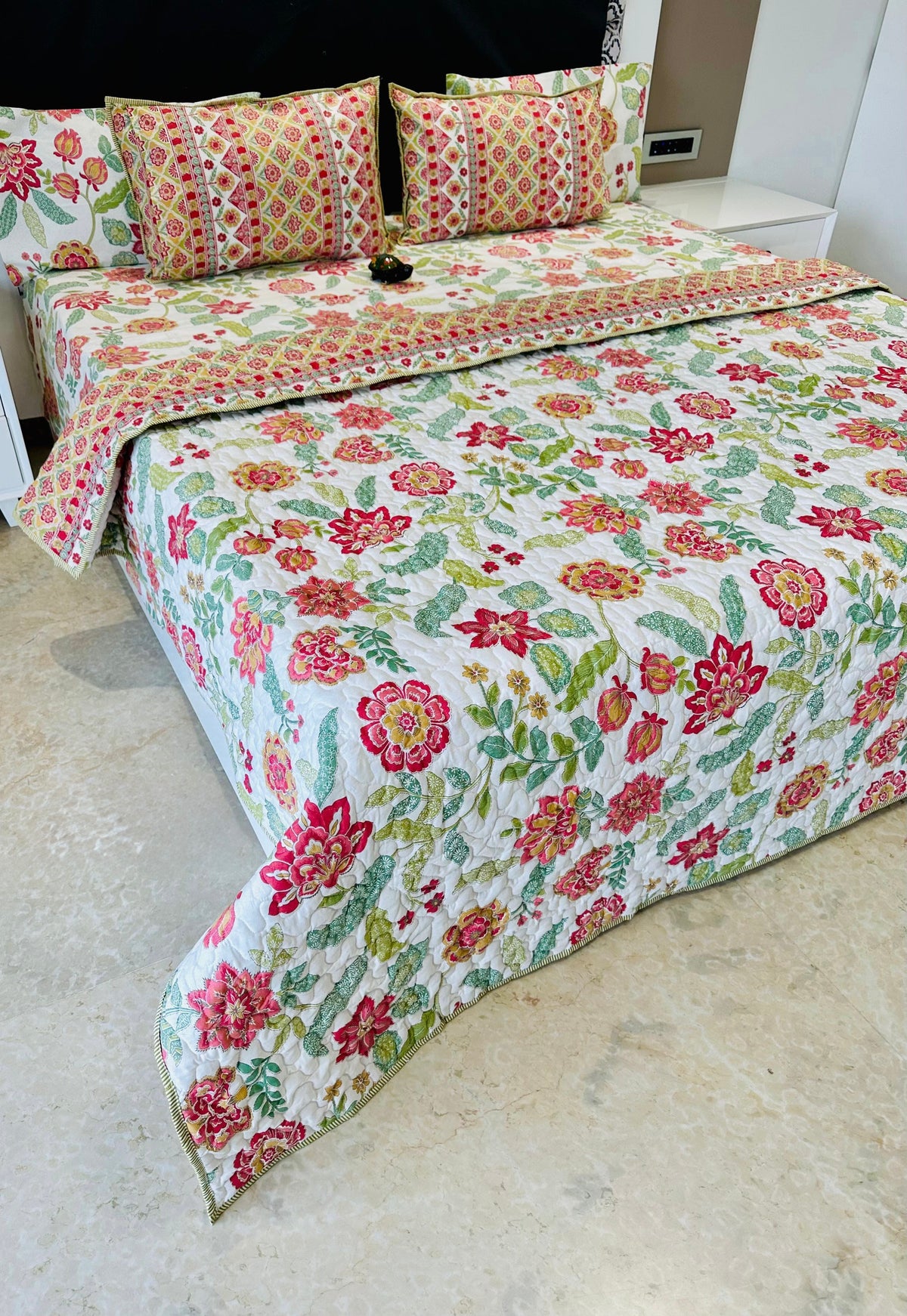 Pure cotton paani jaal quilted printed double bedcovers (90x108 inches)