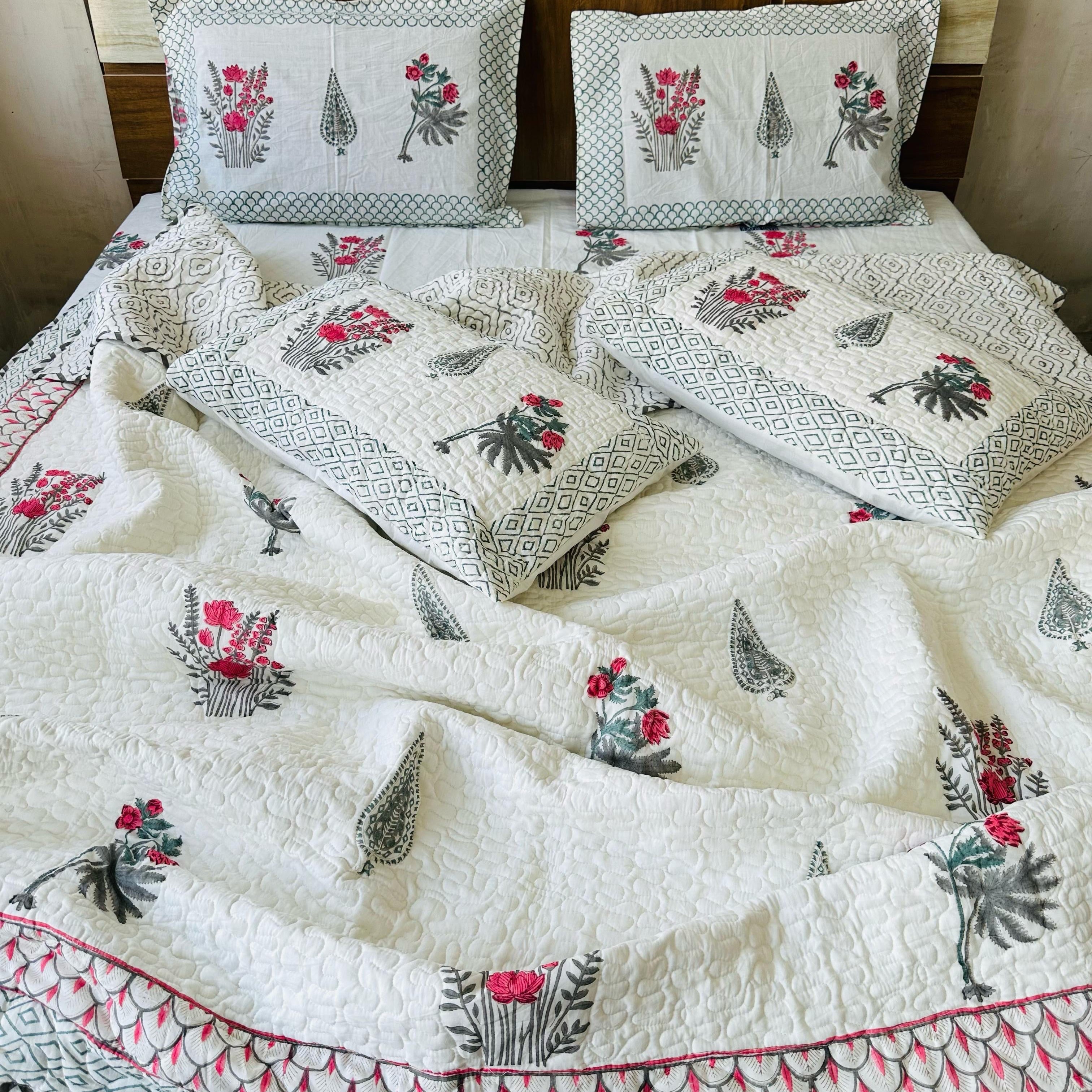 Pure cotton handblock printed king size 6 piece bedding set