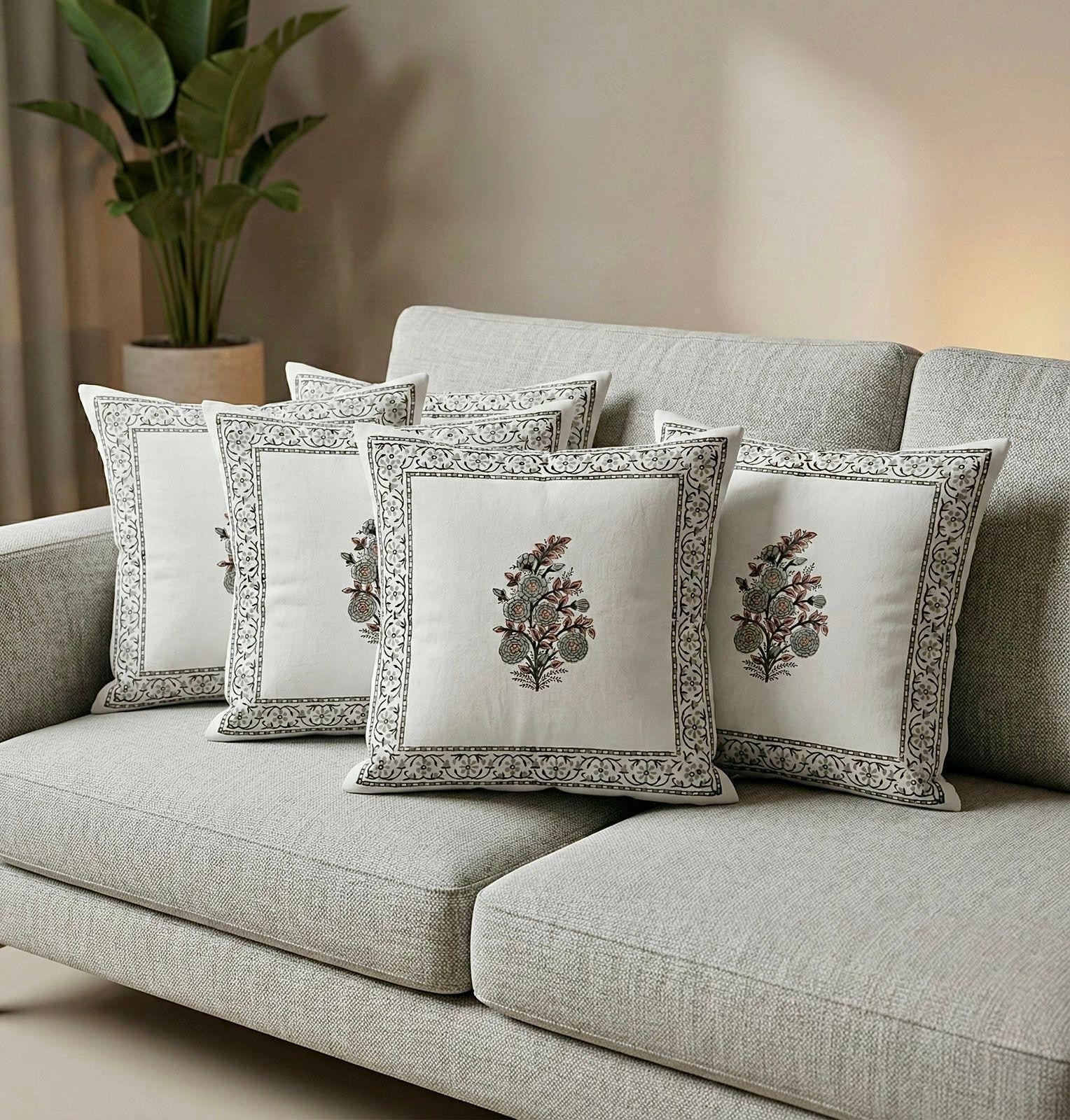 Pure cotton hand-block printed set of 5 cushion covers (16x16 inches)