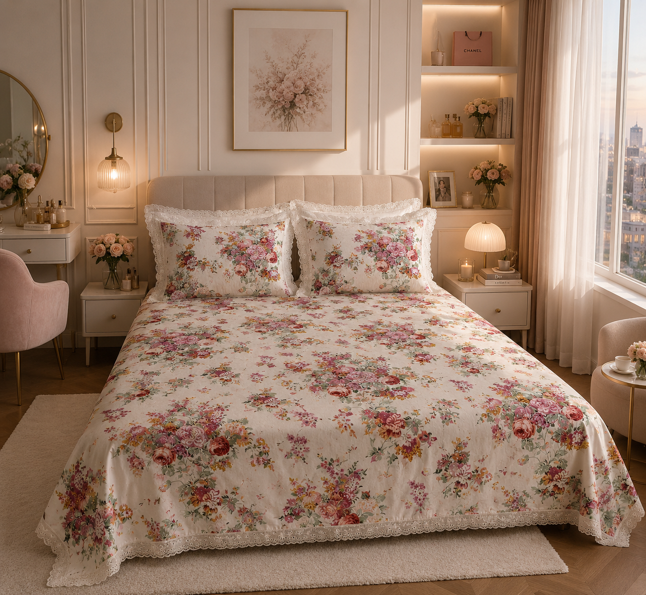 Pure cotton super king size bedsheets with 2 laced pillow covers (108x108 inches/9x9 feet)