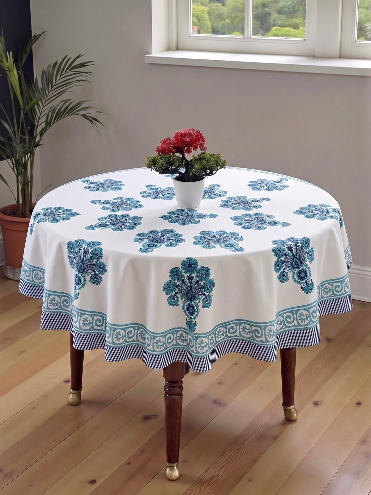 Pure cotton hand-block printed table cover for 4 seater dining table / centre table (60 inches diameter)