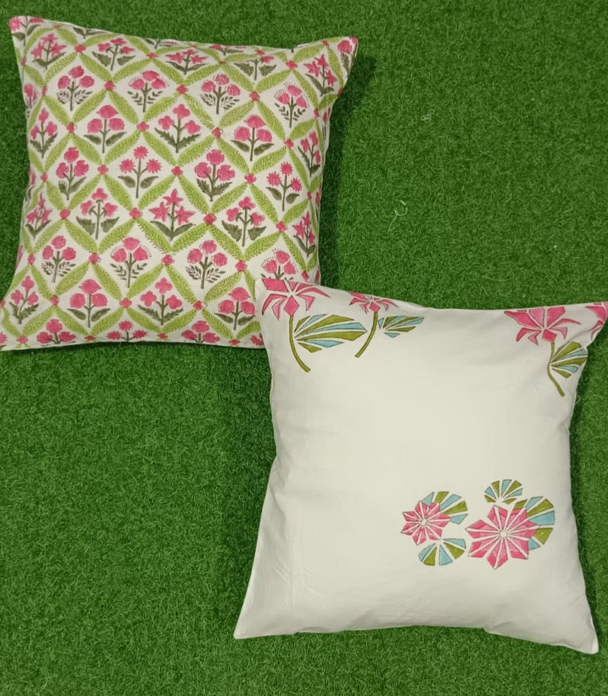 Pure cotton handblock printed set of 2 assorted cushion covers (16x16 inches)