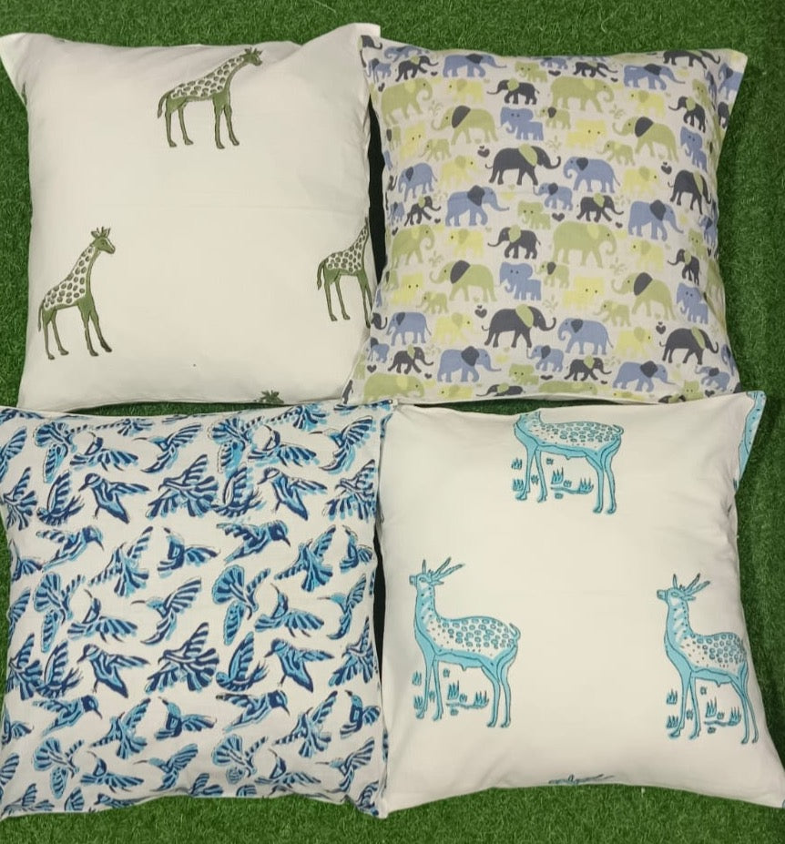 Pure cotton handblock printed set of 4 assorted cushion covers (16x16 inches)