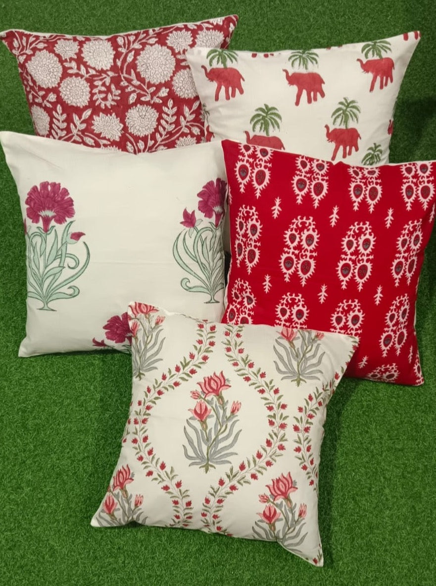Pure cotton handblock printed set of 5 assorted cushion covers (16x16 inches) Offer