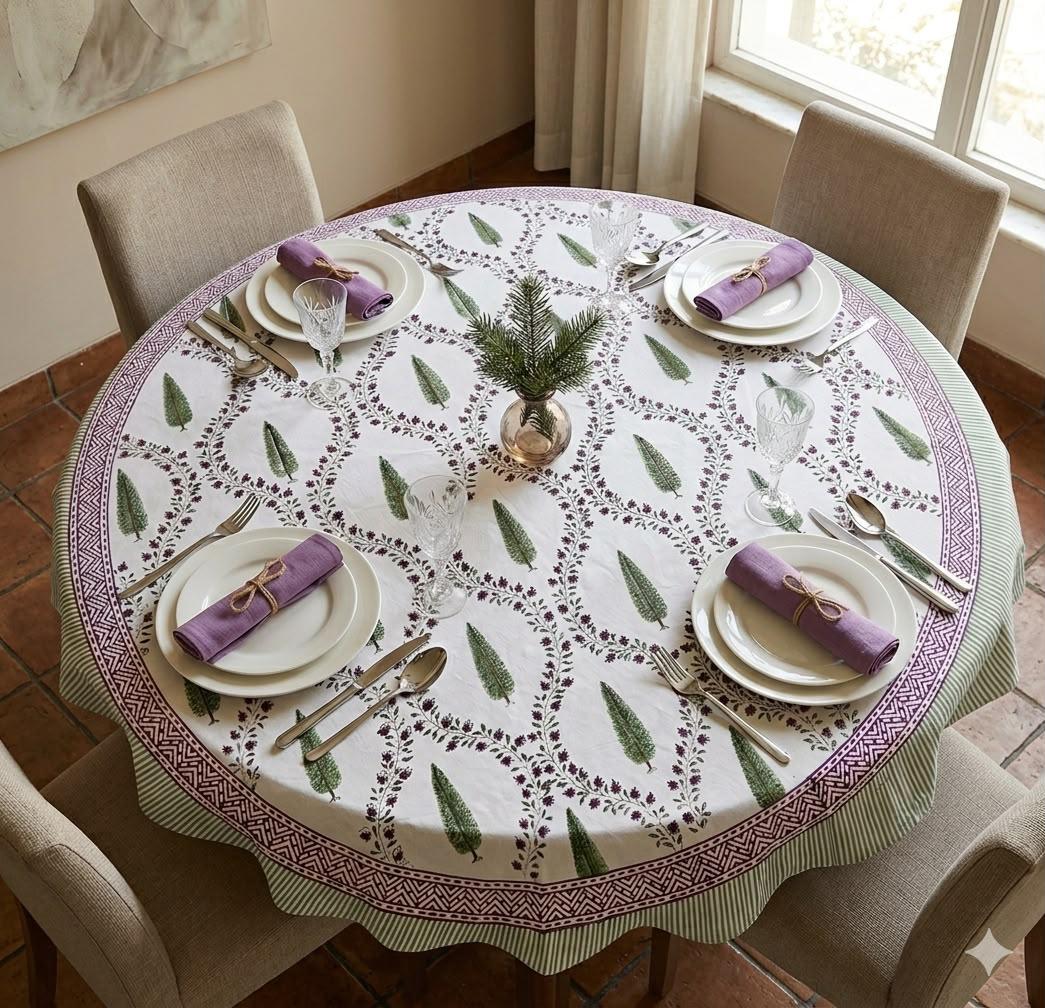 Pure cotton hand-block printed table cover for 4 seater dining table / centre table (60 inches diameter)