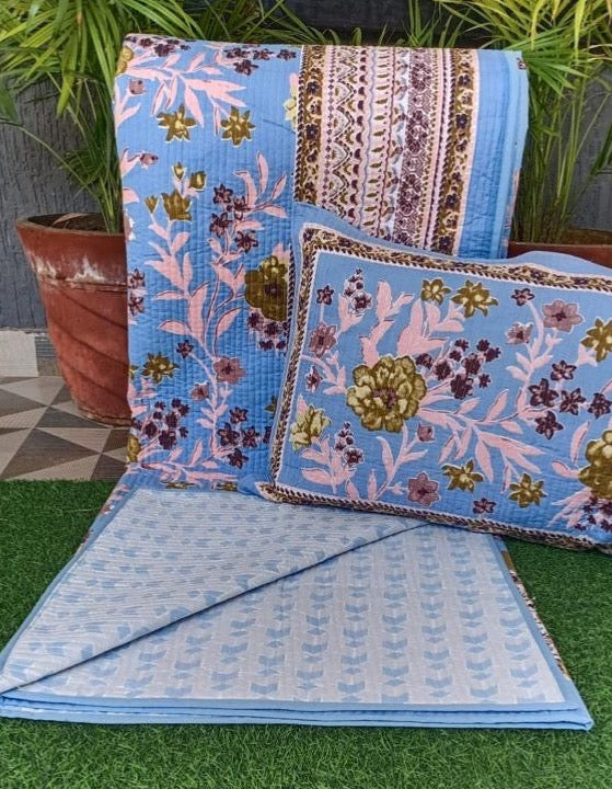 Pure cotton Ikkat quilted and reversible bedcover with two quilted pillow covers (90x108 inches) offer