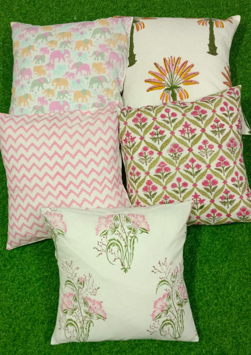 Pure cotton handblock printed set of 5 assorted cushion covers (16x16 inches) Offer