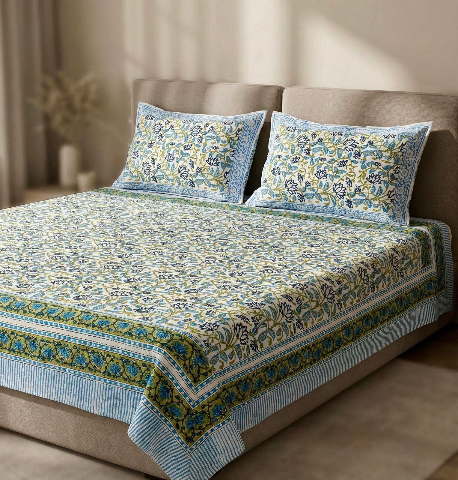 Pure cotton hand-block printed super king size double bedsheets with 2 pillow covers (108x108 inches)
