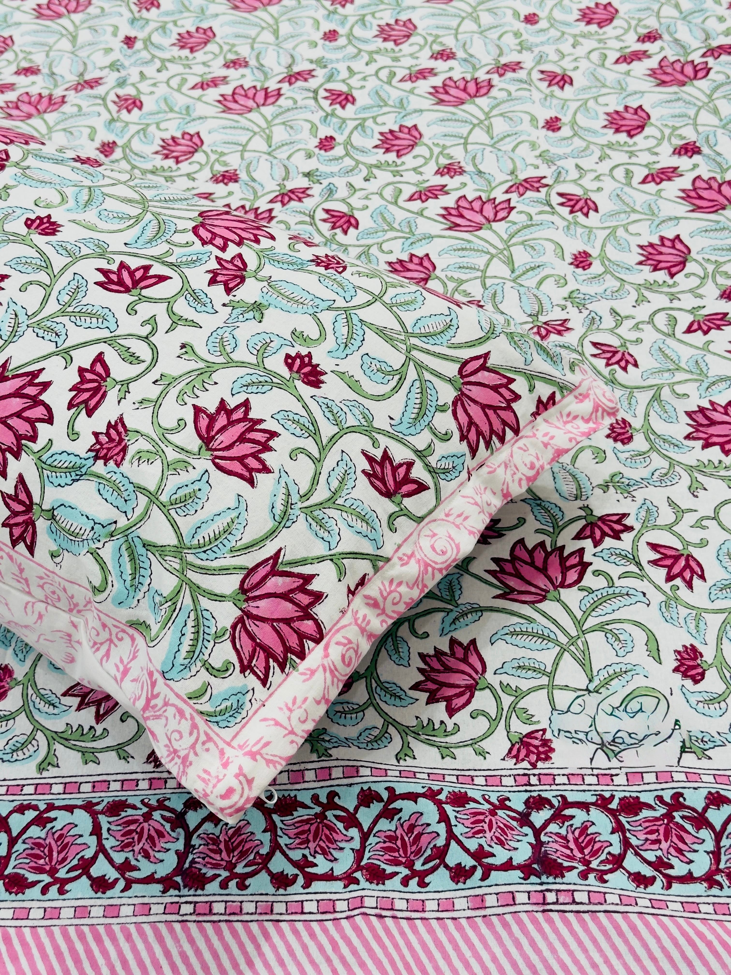 Pure cotton handblock printed king size bedsheet with 2 pillow covers (100x108 inches)