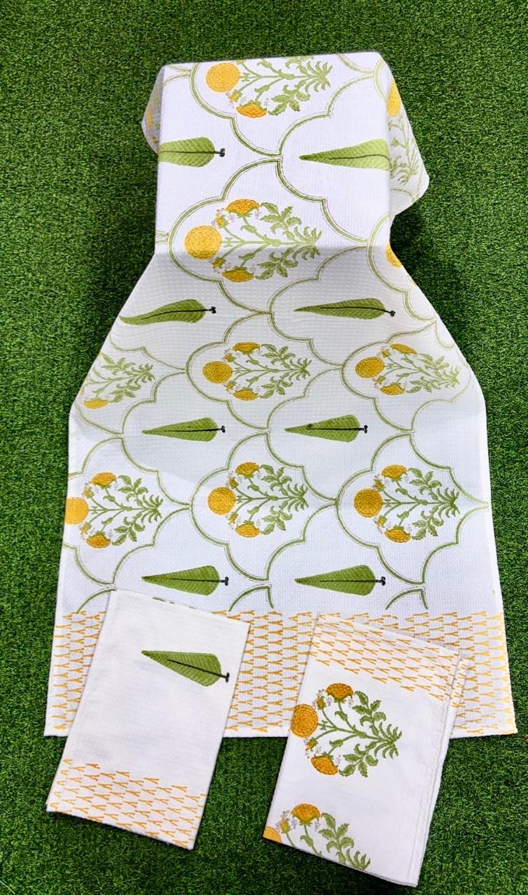 Pure cotton waffled textured hand-block printed bath combos (1 bath and 2 hand towels)