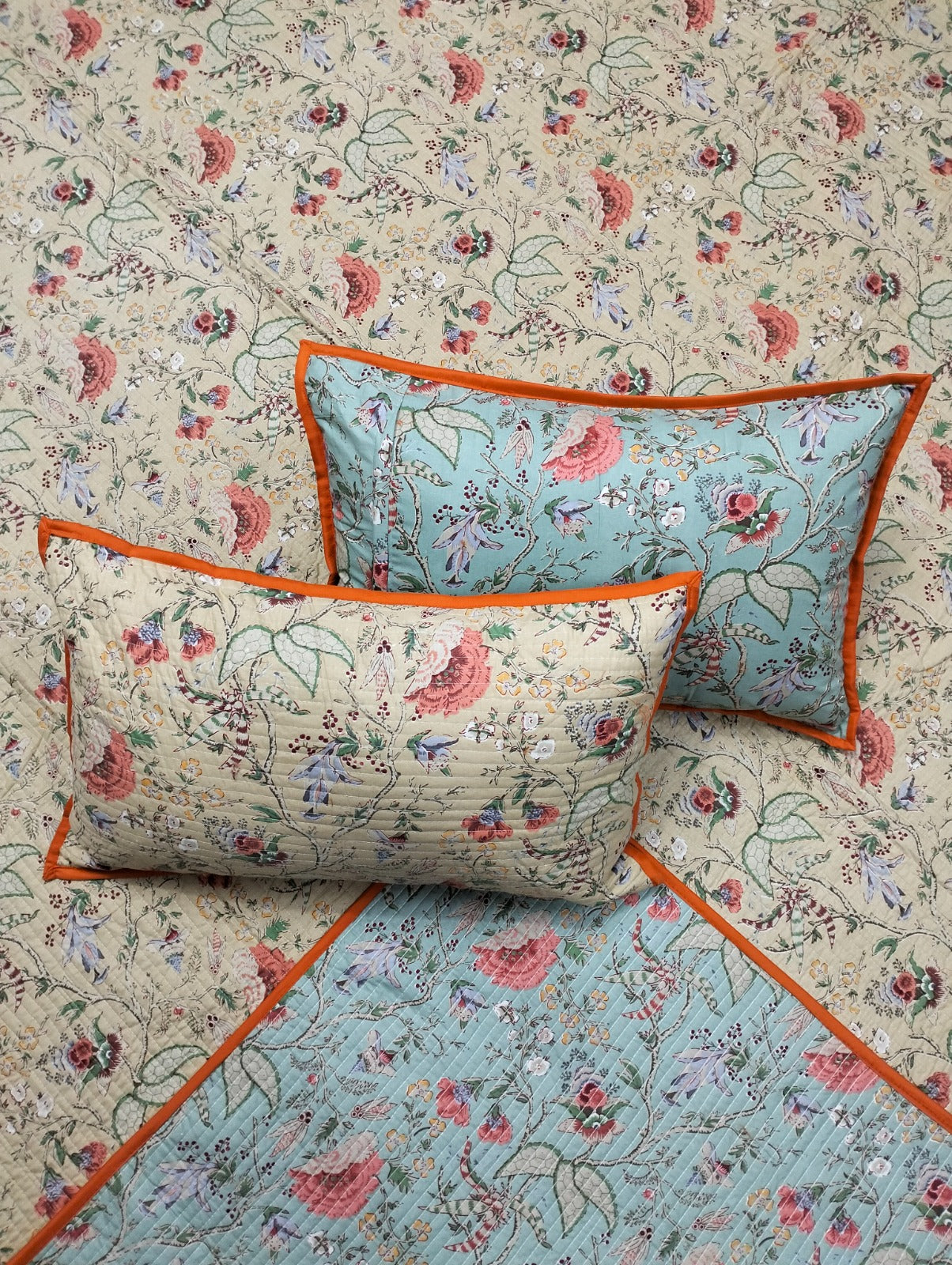 Pure cotton quilted and reversible bedcover/bedsheet with two quilted pillow covers (90x108 inches)