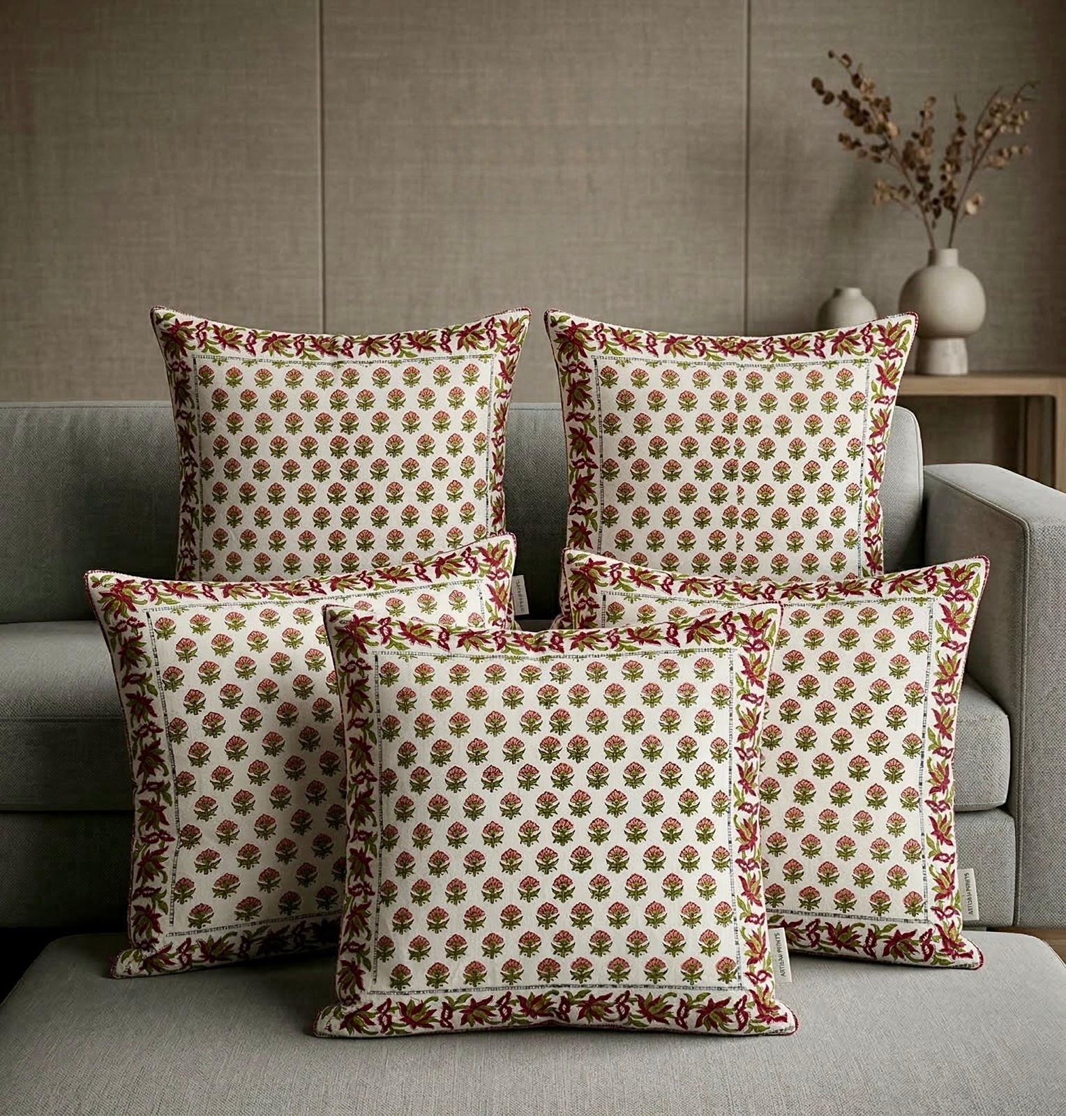 Pure cotton hand-block printed set of 5 cushion covers (16x16 inches)
