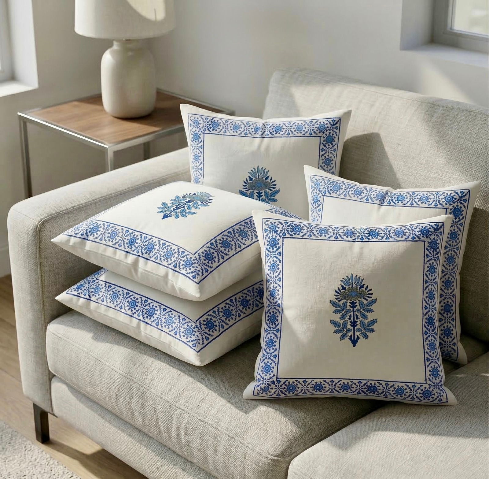 Pure cotton hand-block printed set of 5 cushion covers (16x16 inches)