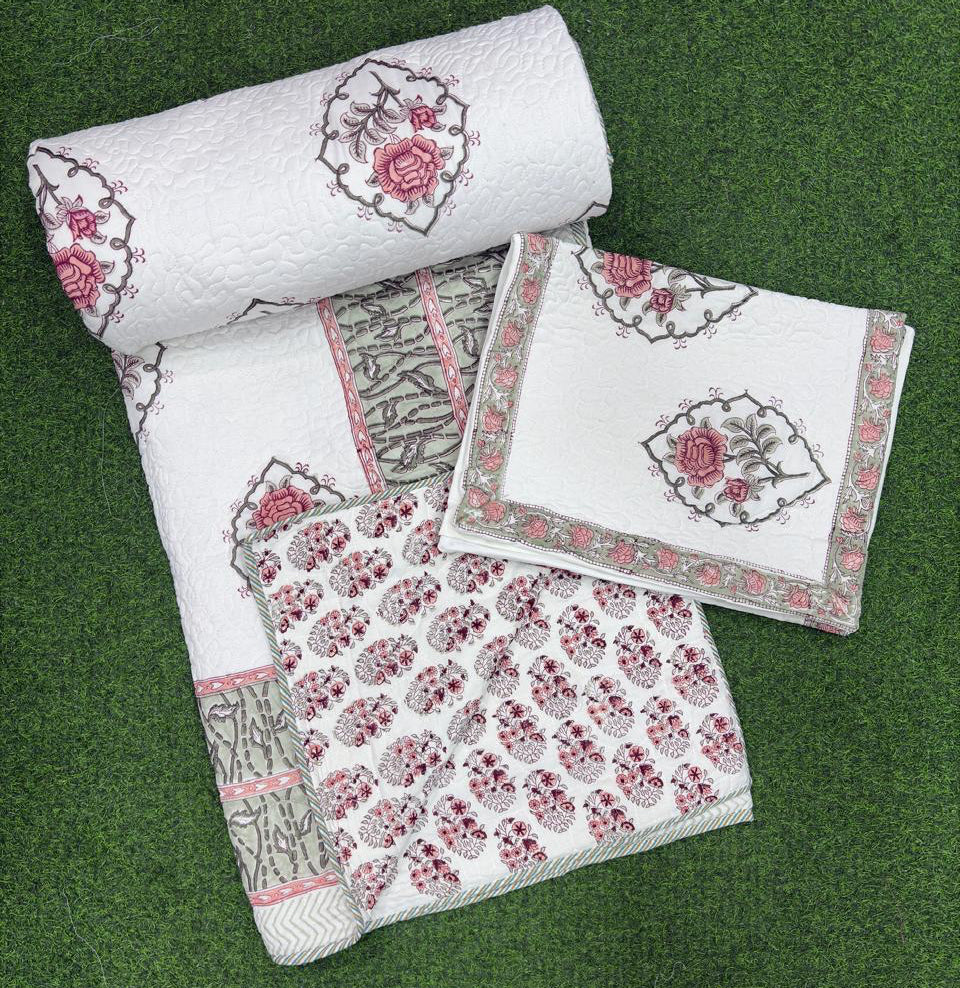 Pure mulmul cotton paani jaal quilted bedcovers with 2 quilted pillow covers for king size beds (90x108 inches)
