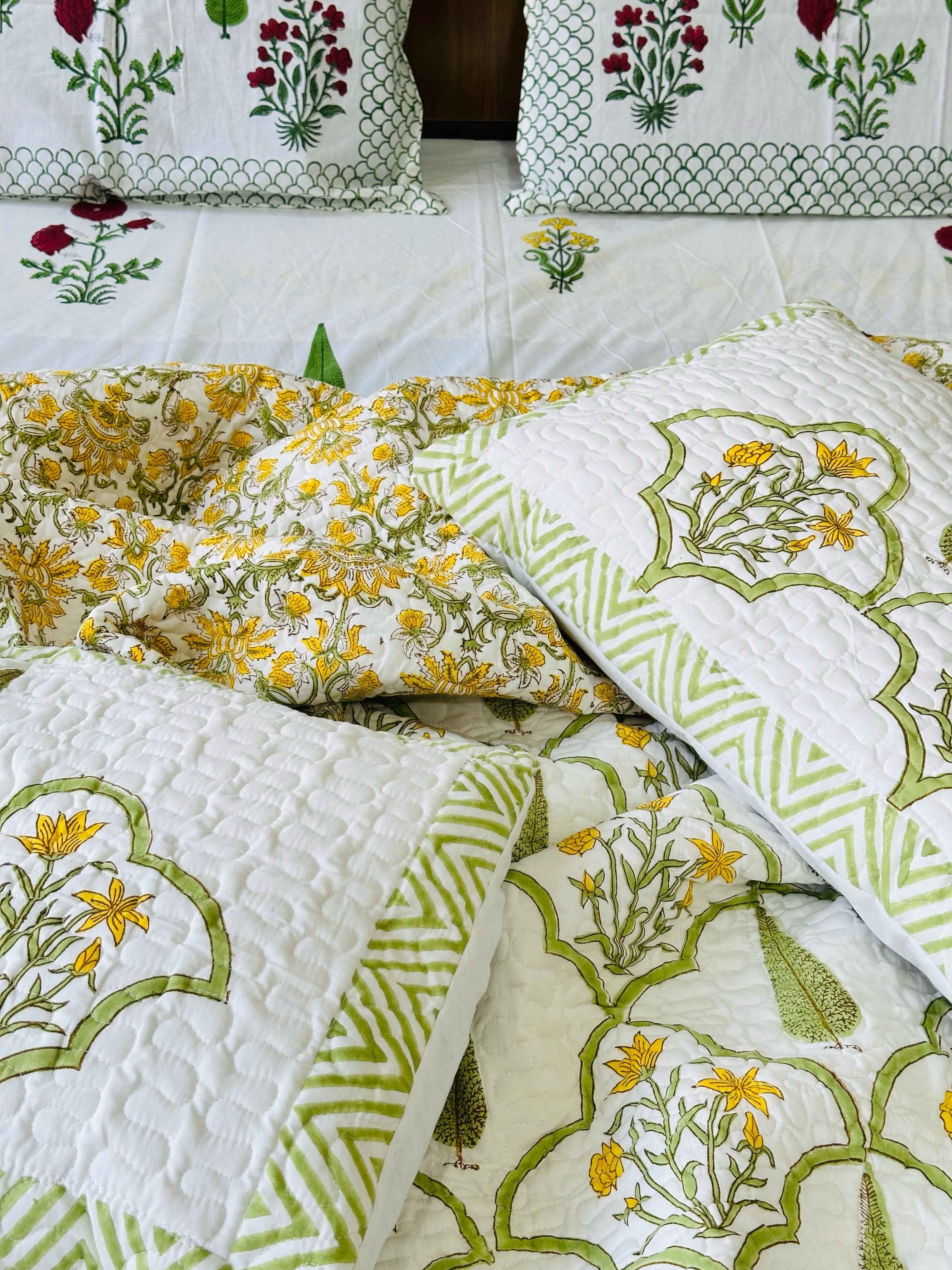 Pure cotton handblock printed king size 6 piece bedding set