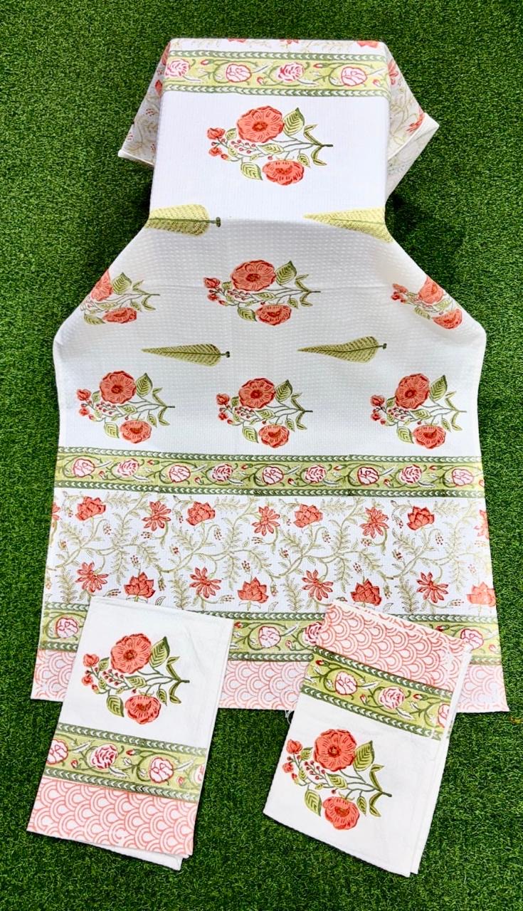 Pure cotton waffled textured hand-block printed bath combos (1 bath and 2 hand towels)