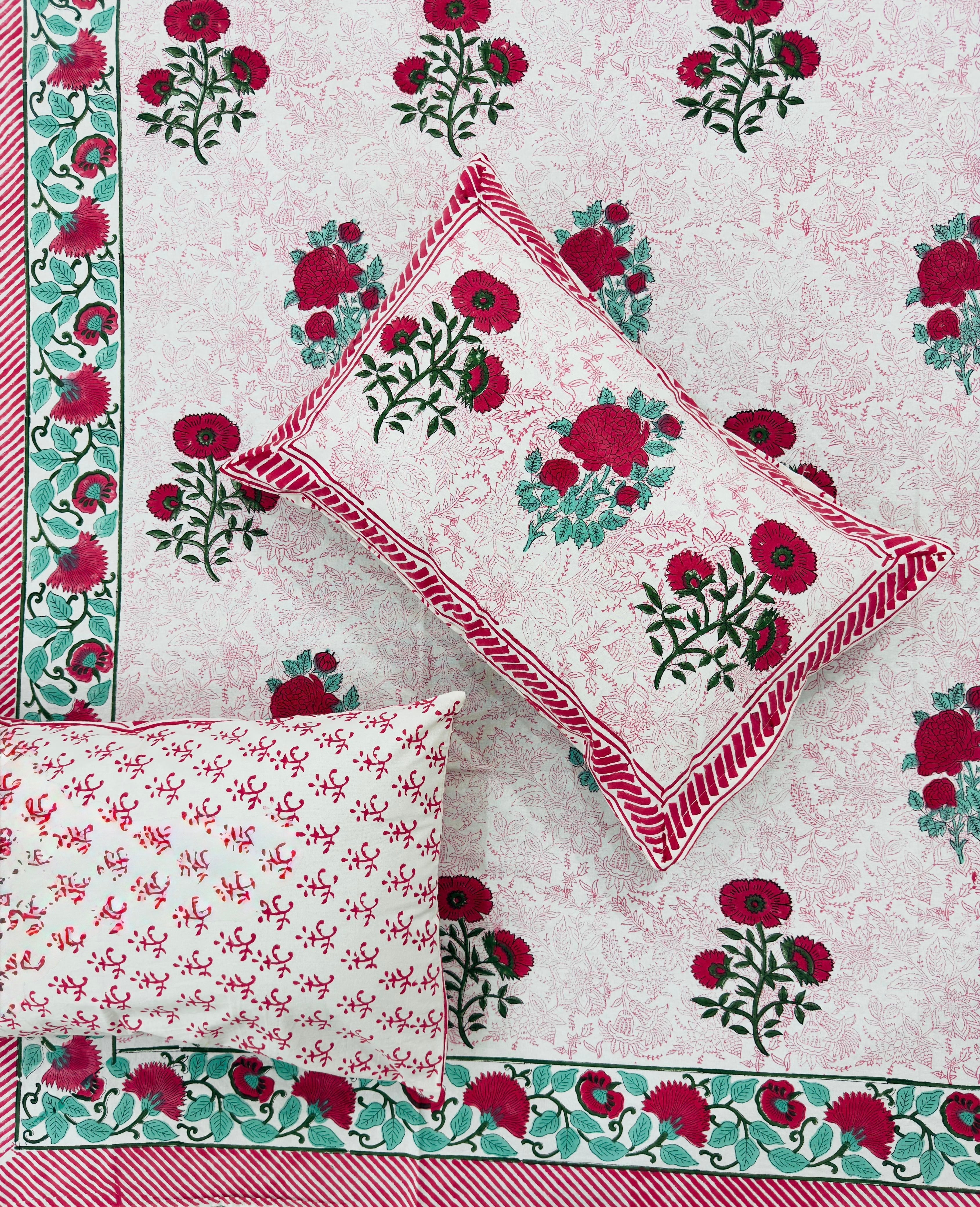 Pure cotton hand-block printed super king size double bedsheets with 2 pillow covers (108x108 inches)