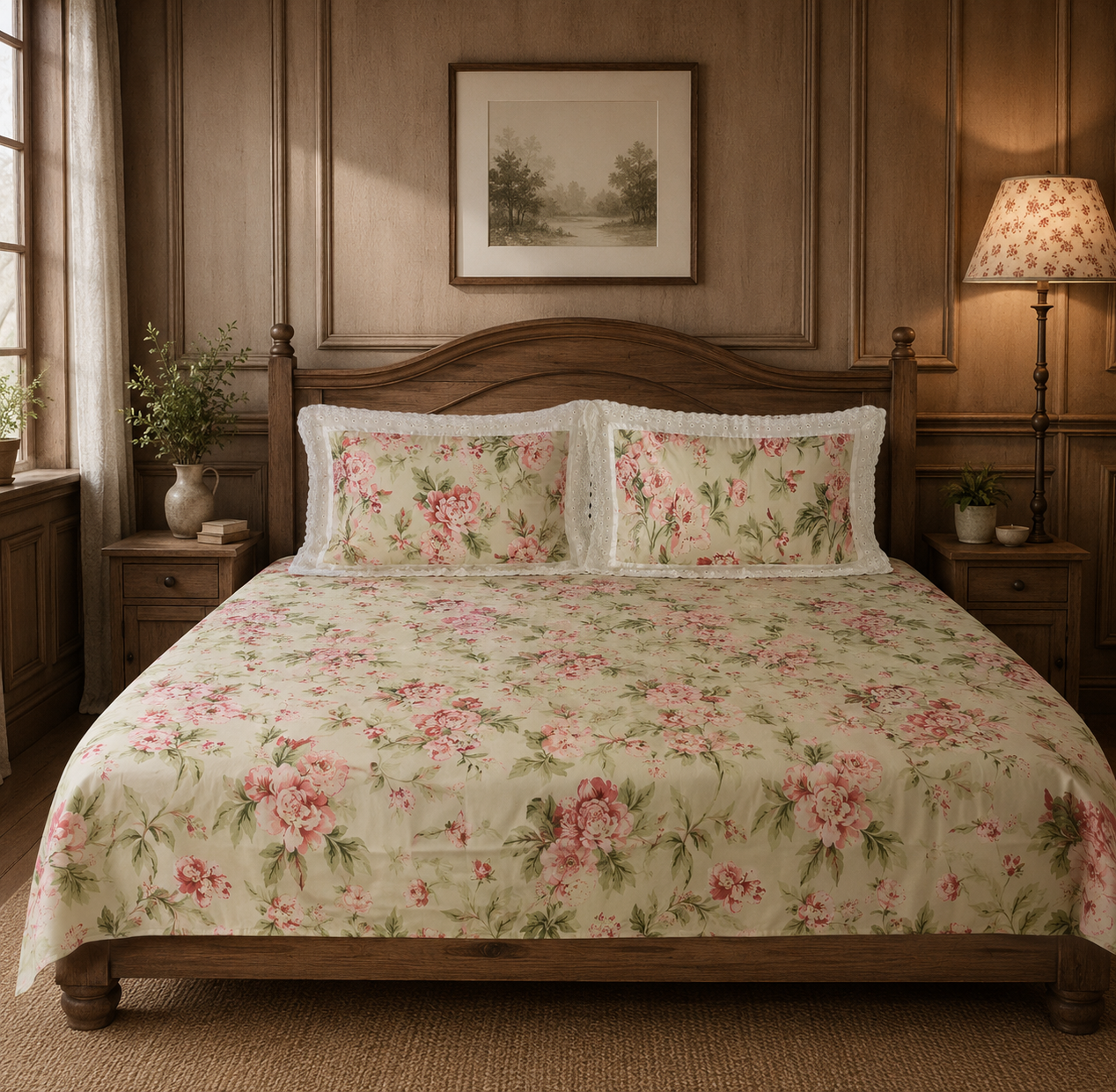 Pure cotton super king size bedsheets with 2 laced pillow covers (108x108 inches/9x9 feet)