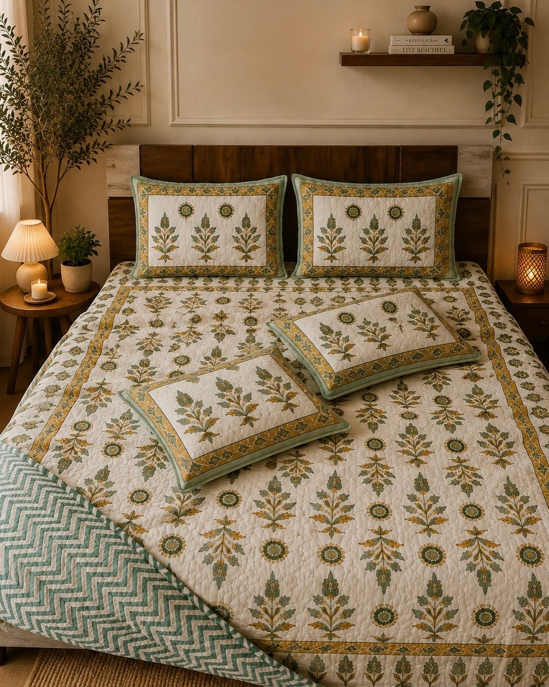 Pure cotton handblock printed king size 6 piece bedding set