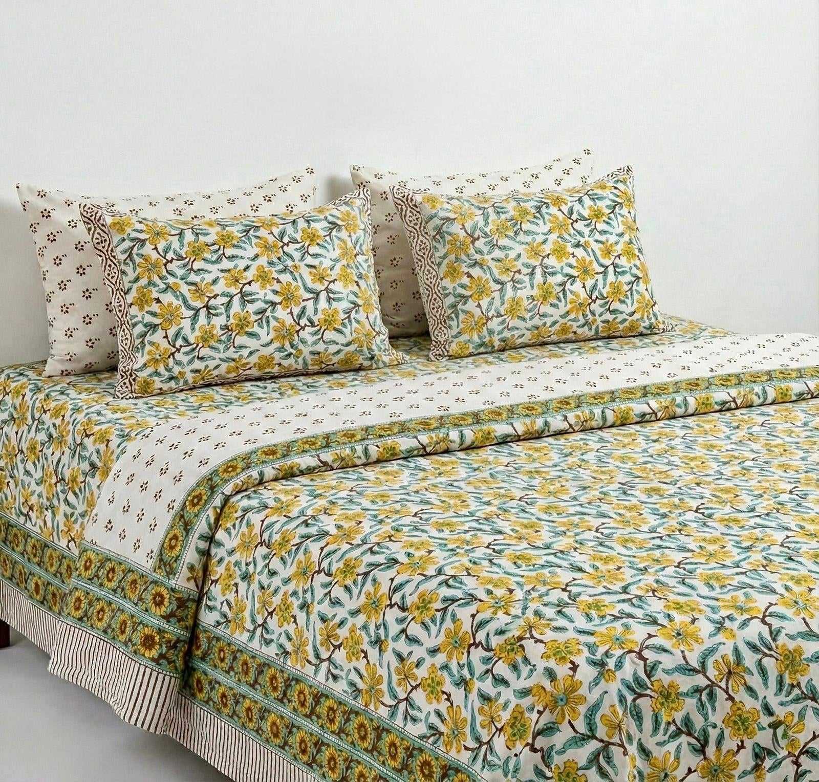 Pure cotton hand-block printed super king size double bedsheets with 2 pillow covers (108x108 inches)