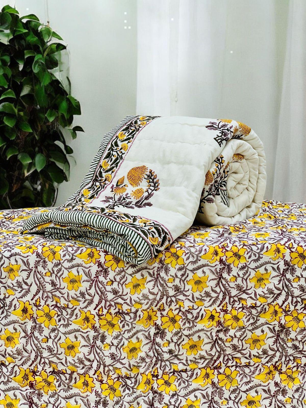 Pure mulmul cotton handblock printed single reversible quilt (razai 60x90 inches)