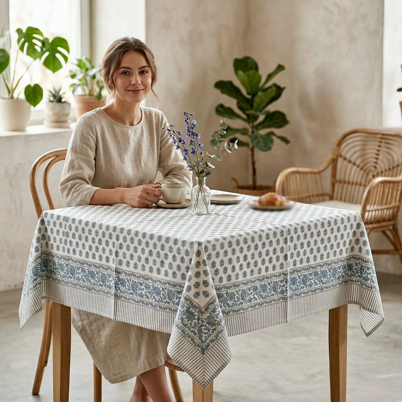 Pure cotton hand-block printed 2 seater square table cover (45x45 inches)
